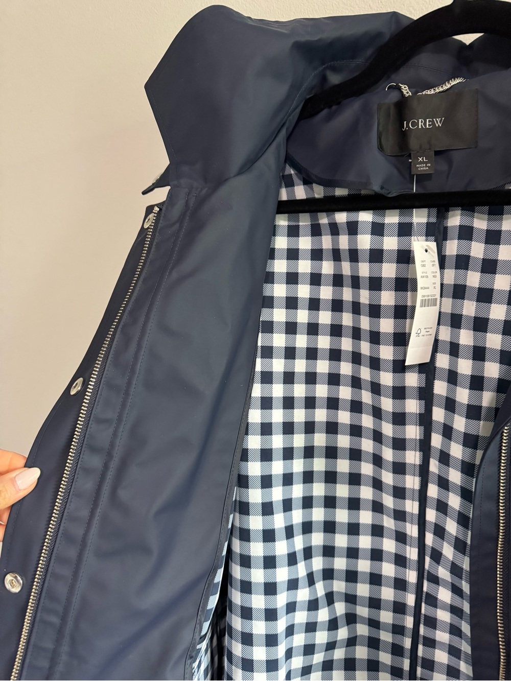 J. Crew Navy Rain Jacket with Gingham Lining - Picture 3 of 4